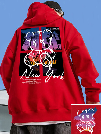 New York Art Cartoon Bear Sunset Design Hoodie - muška Hip Hop ulična odjeća Pulover s džepnim džemperom, muška odjeća 3D