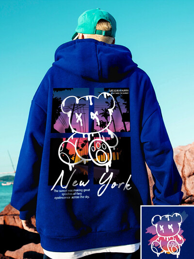 New York Art Cartoon Bear Sunset Design Hoodie - muška Hip Hop ulična odjeća Pulover s džepnim džemperom, muška odjeća 3D