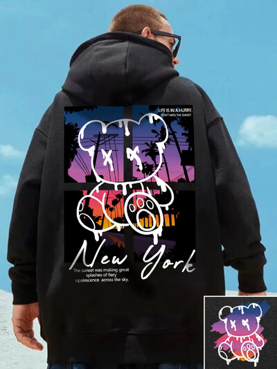 New York Art Cartoon Bear Sunset Design Hoodie - muška Hip Hop ulična odjeća Pulover s džepnim džemperom, muška odjeća 3D