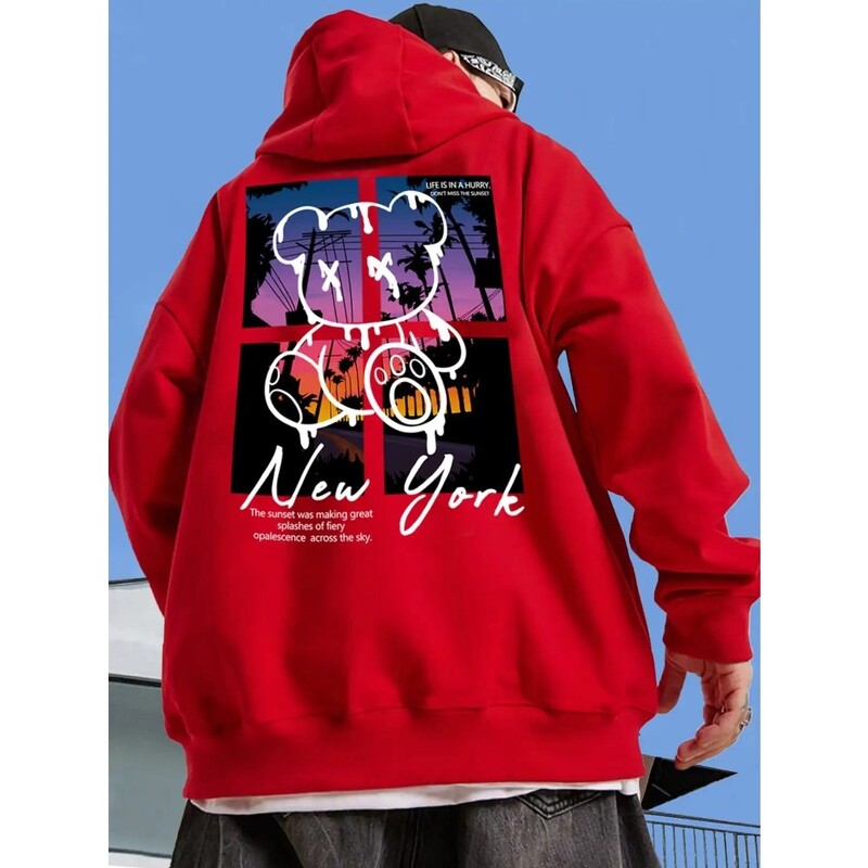 New York Art Cartoon Bear Sunset Design Hoodie - muška Hip Hop ulična odjeća Pulover s džepnim džemperom, muška odjeća 3D