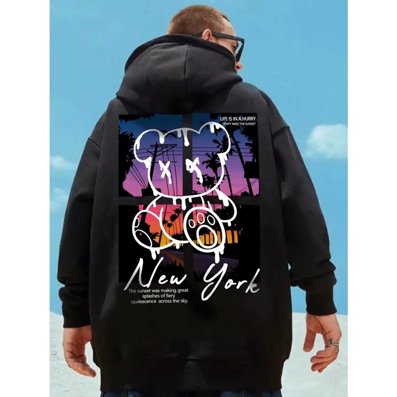 New York Art Cartoon Bear Sunset Design Hoodie - muška Hip Hop ulična odjeća Pulover s džepnim džemperom, muška odjeća 3D