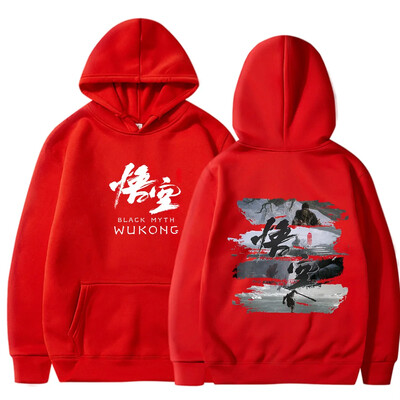 2024. gada ķīniešu stila melnā mīta spēle, Wukong, apdrukāta raksta kapuce, vīriešu hiphopa, brīvā laika daudzpusīgs tops ar garām piedurknēm