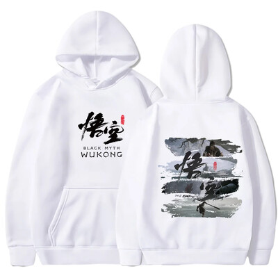 2024. gada ķīniešu stila melnā mīta spēle, Wukong, apdrukāta raksta kapuce, vīriešu hiphopa, brīvā laika daudzpusīgs tops ar garām piedurknēm