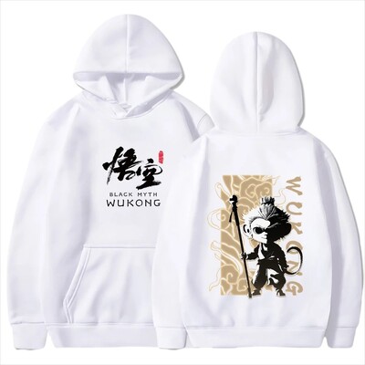 2024. gada ķīniešu stila melnā mīta spēle, Wukong, apdrukāta raksta kapuce, vīriešu hiphopa, brīvā laika daudzpusīgs tops ar garām piedurknēm