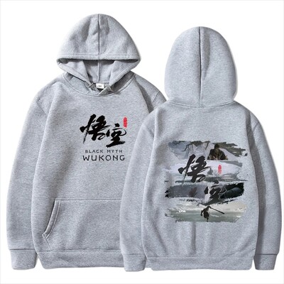 2024. gada ķīniešu stila melnā mīta spēle, Wukong, apdrukāta raksta kapuce, vīriešu hiphopa, brīvā laika daudzpusīgs tops ar garām piedurknēm