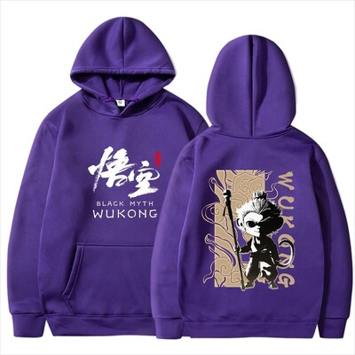 2024. gada ķīniešu stila melnā mīta spēle, Wukong, apdrukāta raksta kapuce, vīriešu hiphopa, brīvā laika daudzpusīgs tops ar garām piedurknēm