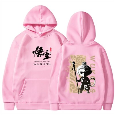 2024. gada ķīniešu stila melnā mīta spēle, Wukong, apdrukāta raksta kapuce, vīriešu hiphopa, brīvā laika daudzpusīgs tops ar garām piedurknēm