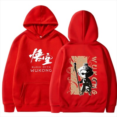 2024. gada ķīniešu stila melnā mīta spēle, Wukong, apdrukāta raksta kapuce, vīriešu hiphopa, brīvā laika daudzpusīgs tops ar garām piedurknēm