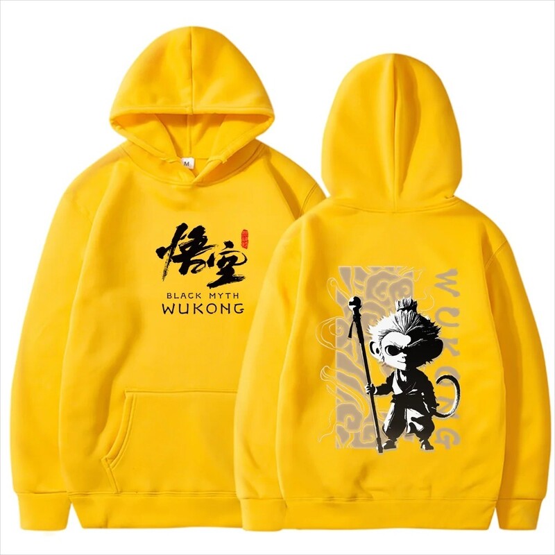 2024. gada ķīniešu stila melnā mīta spēle, Wukong, apdrukāta raksta kapuce, vīriešu hiphopa, brīvā laika daudzpusīgs tops ar garām piedurknēm