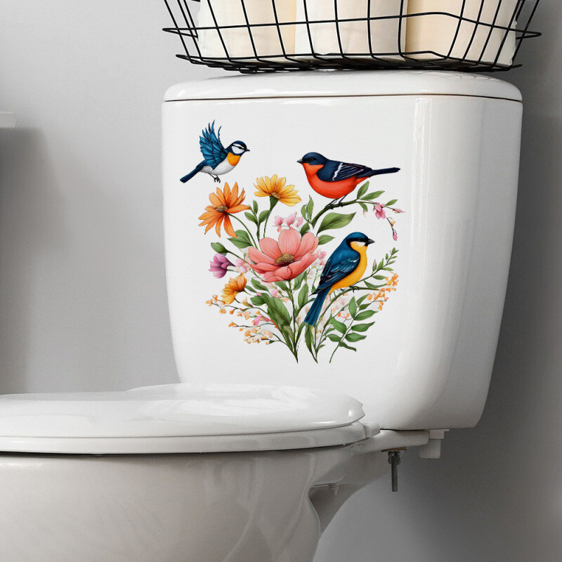 Творчески акварел цвете птица стикер за стена стикер за тоалетна декорация за баня самозалепващ се стикер за тоалетна седалка
