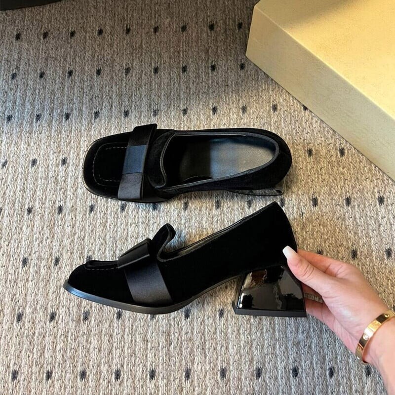 Ženske cipele Francuske baršunaste vrpce s četvrtastim prstima Ženske cipele s plitkim ustima i debelom petom Vrhunske cipele 