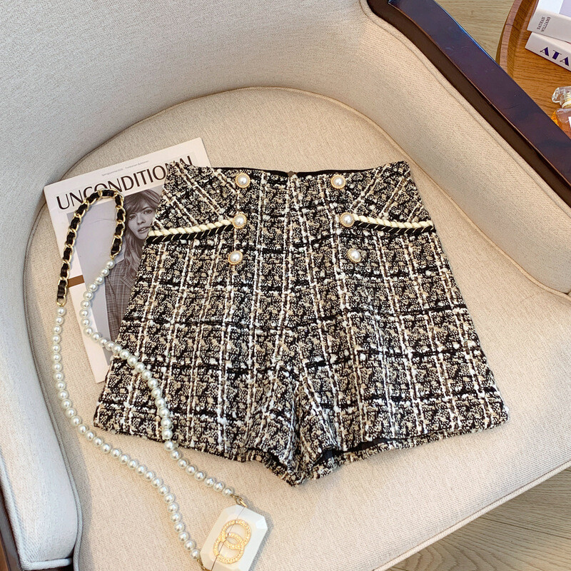 Туид панталони къси панталони дамски есен 2024 нови двуредни ежедневни панталони с висока талия външни панталони ботуши