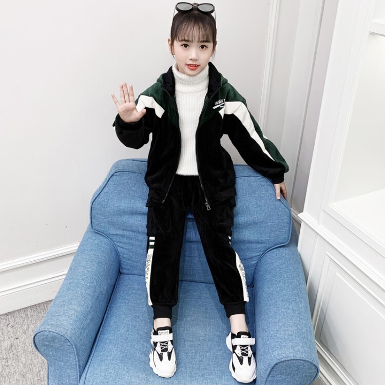 Mergaičių aksominis dviejų dalių rinkinys, 2024 m., vidutinio dydžio, aksominis dviejų dalių rinkinys vaikams, mokyklinis sportinis laisvalaikis, drabužiai vaikams, drabužiai