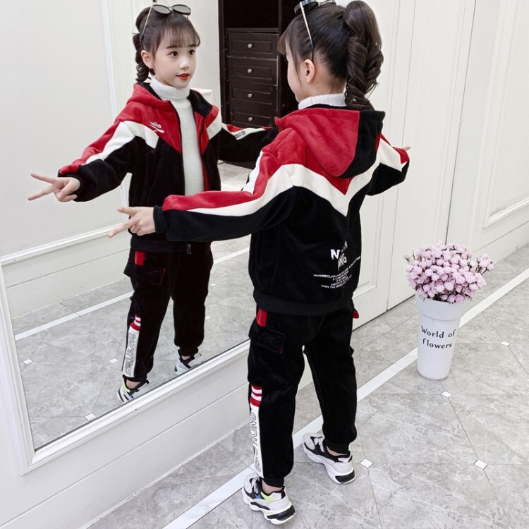 Mergaičių aksominis dviejų dalių rinkinys, 2024 m., vidutinio dydžio, aksominis dviejų dalių rinkinys vaikams, mokyklinis sportinis laisvalaikis, drabužiai vaikams, drabužiai