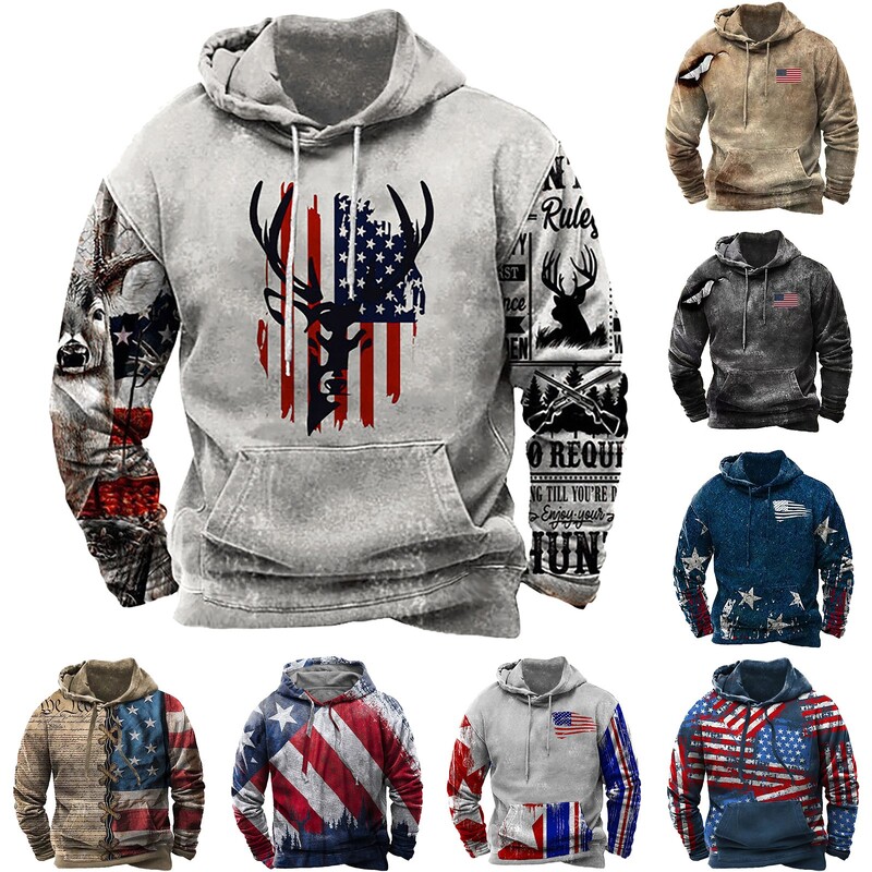 Megztiniai Vyriški mados amerikietiški Us vėliava marginti gobtuvai 2024 m. Harajuku Usa su gobtuvu, elnių kratinys Vyriški priežastiniai gatvės drabužiai