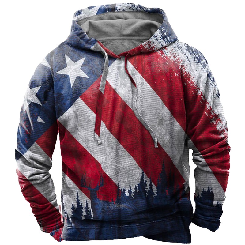 Megztiniai Vyriški mados amerikietiški Us vėliava marginti gobtuvai 2024 m. Harajuku Usa su gobtuvu, elnių kratinys Vyriški priežastiniai gatvės drabužiai