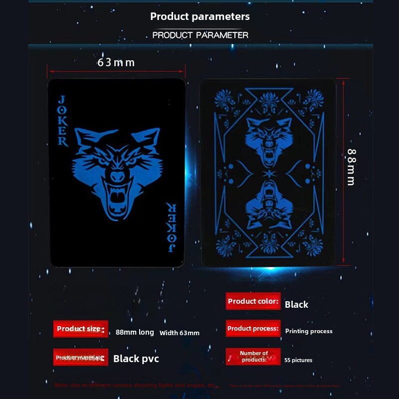 54 kom/set vodootpornih plastičnih karata za igranje Izdržljiva vučja glava Crnoplave PVC karte za igranje Neklizajuće perive kartice za poker za zabave