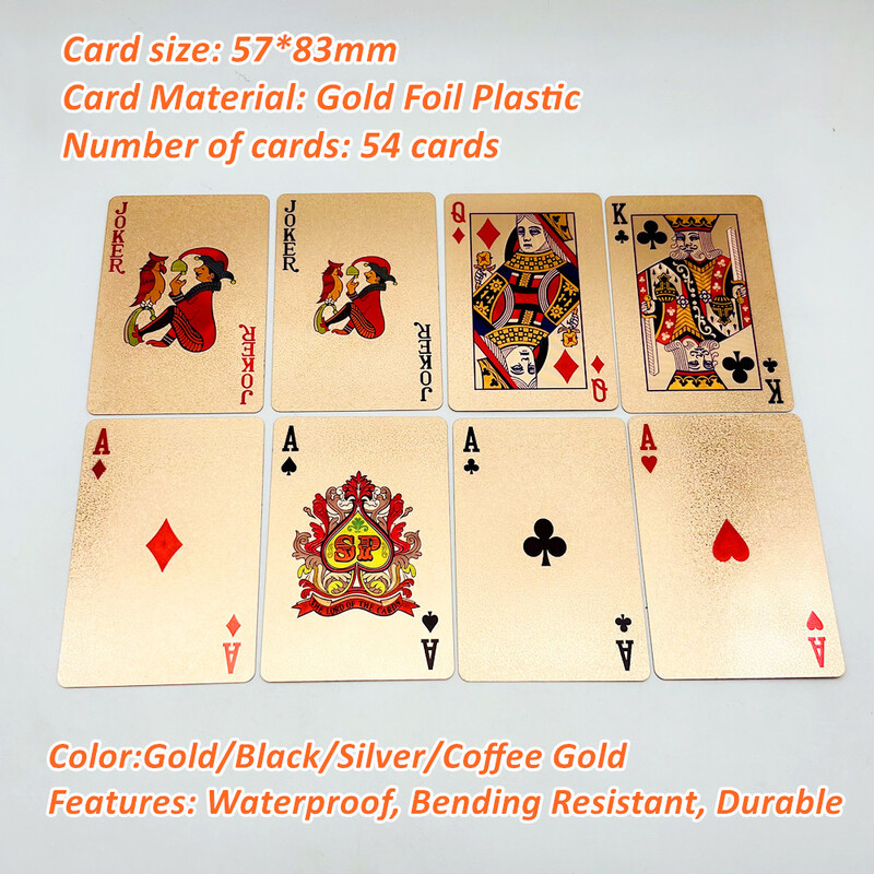 Plastične poker karte sa 1 špilom zlatne folije Vodootporne igraće karte Klasična kućna društvena igra 54 karte L729