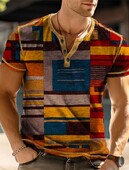 2024 Tricou Vintage pentru bărbați, cu decolteu în V, tip waffle, cu imprimeu mozaic, pentru bărbați, cu mânecă scurtă, de vară, respirabil, de stradă. Topuri