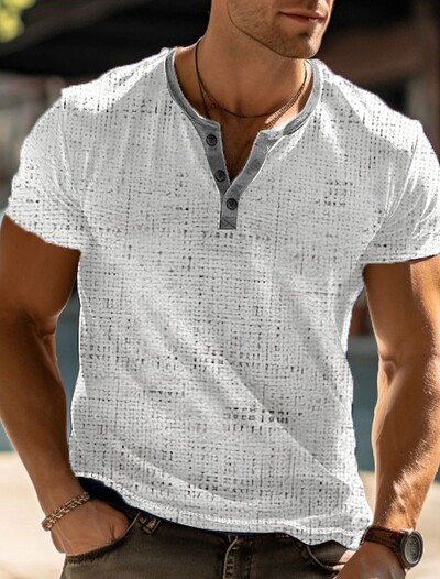 2024 Tricou Vintage pentru bărbați, cu decolteu în V, tip waffle, cu imprimeu mozaic, pentru bărbați, cu mânecă scurtă, de vară, respirabil, de stradă. Topuri