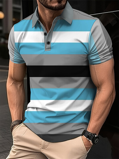 Uus suvine meeste lühike polo reväär 3D digitaaltrükiga mood Splice triibulised polosärgid Meeste vabaaja topid Meeste riided