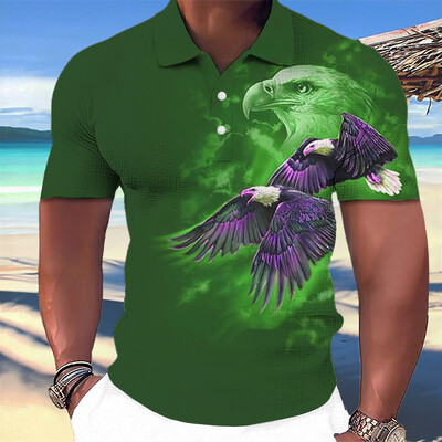 Animal Eagle Pattern 3D Print Vasaros mygtukų apykaklė Vyriški polo marškinėliai Laisvalaikiai trumpomis rankovėmis didelės viršūnės Madingi vyriški drabužiai