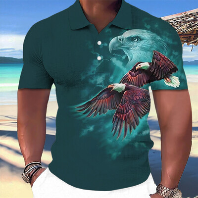 Animal Eagle Pattern 3D Print Vasaros mygtukų apykaklė Vyriški polo marškinėliai Laisvalaikiai trumpomis rankovėmis didelės viršūnės Madingi vyriški drabužiai