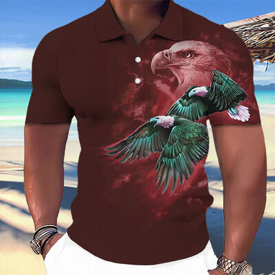 Animal Eagle Pattern 3D Print Vasaros mygtukų apykaklė Vyriški polo marškinėliai Laisvalaikiai trumpomis rankovėmis didelės viršūnės Madingi vyriški drabužiai