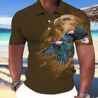 Animal Eagle Pattern 3D Print Vasaros mygtukų apykaklė Vyriški polo marškinėliai Laisvalaikiai trumpomis rankovėmis didelės viršūnės Madingi vyriški drabužiai