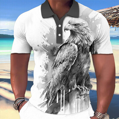 Animal Eagle Pattern 3D Print Vasaros mygtukų apykaklė Vyriški polo marškinėliai Laisvalaikiai trumpomis rankovėmis didelės viršūnės Madingi vyriški drabužiai