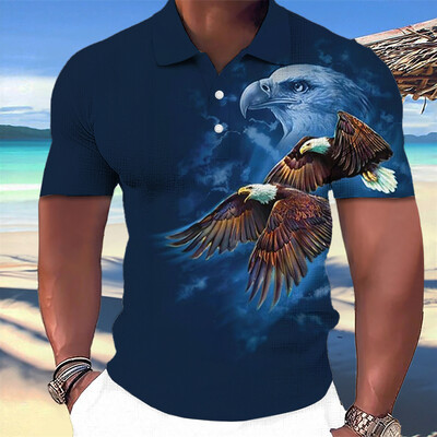 Animal Eagle Pattern 3D Print Vasaros mygtukų apykaklė Vyriški polo marškinėliai Laisvalaikiai trumpomis rankovėmis didelės viršūnės Madingi vyriški drabužiai