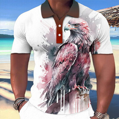 Animal Eagle Pattern 3D Print Vasaros mygtukų apykaklė Vyriški polo marškinėliai Laisvalaikiai trumpomis rankovėmis didelės viršūnės Madingi vyriški drabužiai