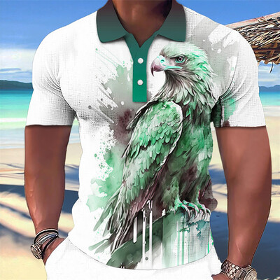 Animal Eagle Pattern 3D Print Vasaros mygtukų apykaklė Vyriški polo marškinėliai Laisvalaikiai trumpomis rankovėmis didelės viršūnės Madingi vyriški drabužiai