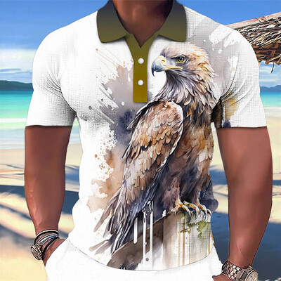 Animal Eagle Pattern 3D Print Vasaros mygtukų apykaklė Vyriški polo marškinėliai Laisvalaikiai trumpomis rankovėmis didelės viršūnės Madingi vyriški drabužiai