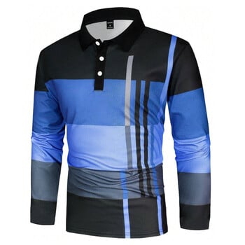 Нови мъжки дрехи Пролет Есен С дълъг ръкав 3D дигитален печат Spell Color Polo Shirt Men Slim Fit Golf Polo Shirt Tops