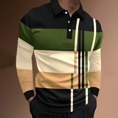 Нови мъжки дрехи Пролет Есен С дълъг ръкав 3D дигитален печат Spell Color Polo Shirt Men Slim Fit Golf Polo Shirt Tops