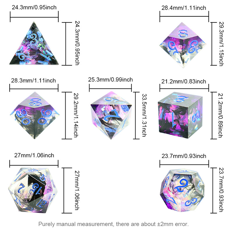 7 части ръчно изработен набор от многостранни зарове от черна и лилава смола, блясък на галактика с остри ръбове, рисуване с мастило и аксесоари за ролеви игри с трептене, подходящи за Хелоуин, коледни подаръци