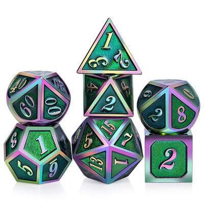 DND metalinių kauliukų rinkinys, daugiakampiai kauliukai, D ir D, RPG vaidmenų žaidimas, stalo žaidimai, vakarėlių klubas, D4, D6, D8, D10, D %, D12, D20 7 vnt.