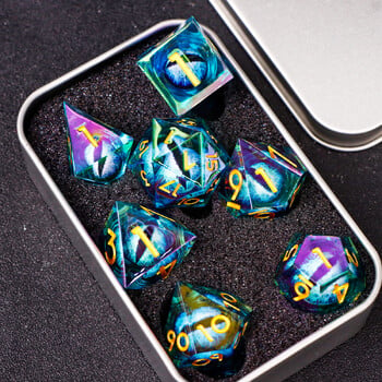 Зарове от смола Dragon\'s eye, 7PCS Green Liquid Core Dice Set, Sharp Egde polyhedral d и d зарове