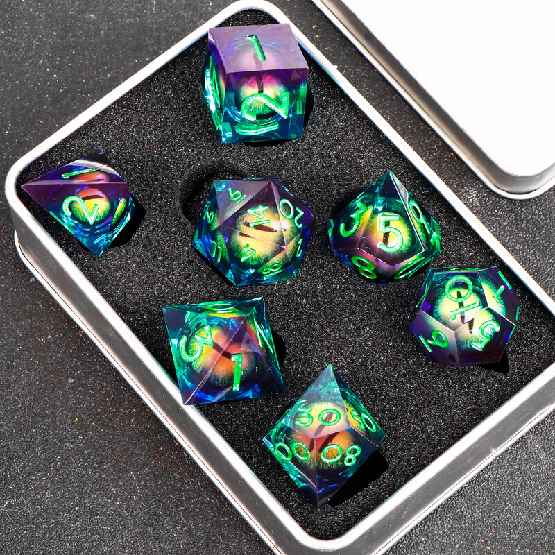 Dragon's eye dervos kauliukai, 7 vnt Green Liquid Core kauliukų rinkinys, Sharp Egde daugiakampiai d ir d kauliukai