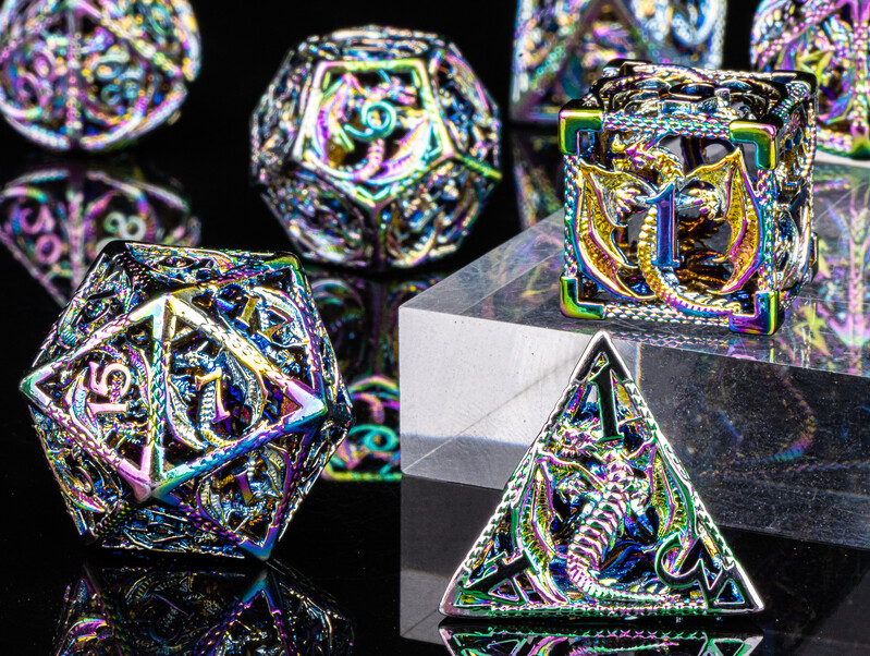 Zmajev set metalnih kockica, set šupljih poliedarskih kockica, metalne kockice za igranje uloga, set Dnd kockica