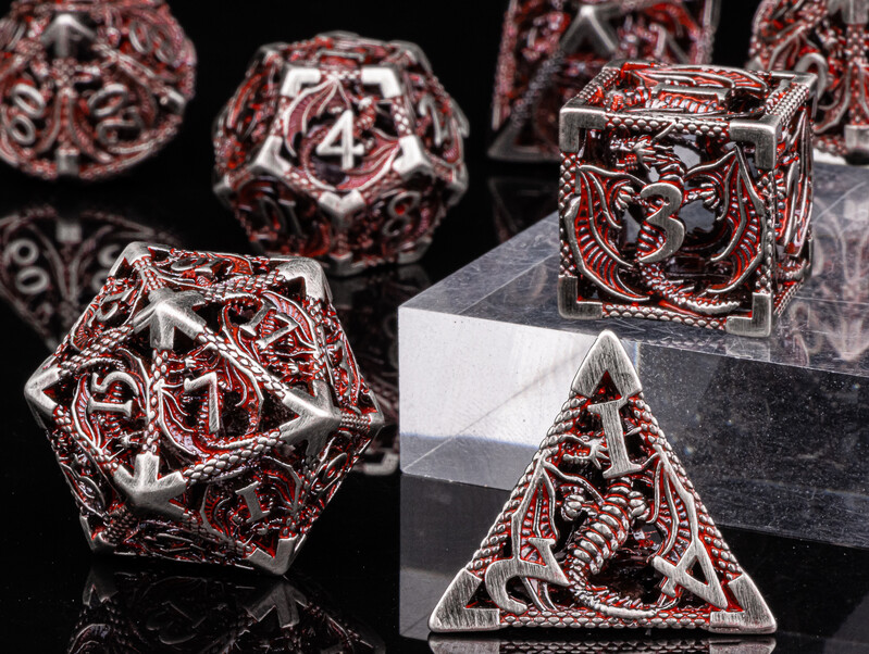 Zmajev set metalnih kockica, set šupljih poliedarskih kockica, metalne kockice za igranje uloga, set Dnd kockica