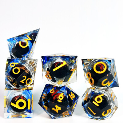Set DnD kockica - 7 smolastih kockica s oštrim rubovima s vrtljivom jezgrom Dragon Eye Core, uzorkom smajlića za D&D, RPG igre