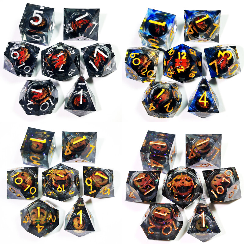 Set DnD kockica - 7 smolastih kockica s oštrim rubovima s vrtljivom jezgrom Dragon Eye Core, uzorkom smajlića za D&D, RPG igre