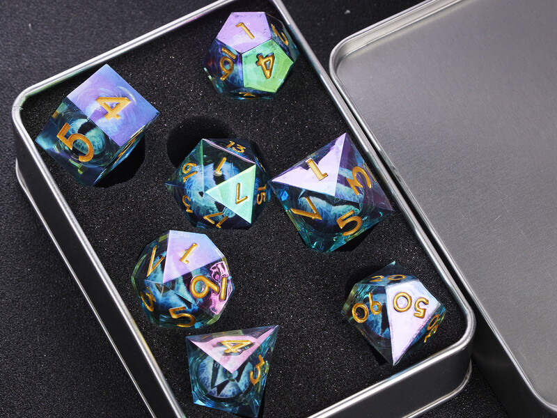 Dragon's eye smolaste kocke, 7PCS purple Liquid Core Dice Set, Sharp Egde polyhedral d i d kocke
