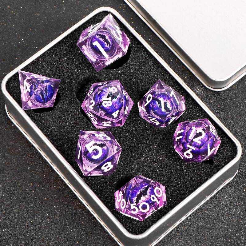 Dragon's eye smolaste kocke, 7PCS purple Liquid Core Dice Set, Sharp Egde polyhedral d i d kocke