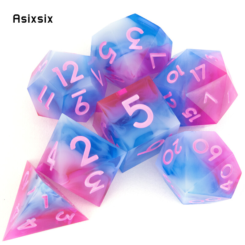 7 komada ružičasto plave ružičaste kockice s brojevima i smolom s oštrim rubom, poliedarske kockice prikladne za igranje uloga RPG društvene igre