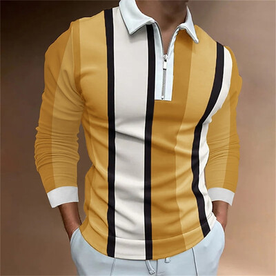 ПОЛО тениска с дълъг ръкав и цип Мъжка тениска с 3D печатни линии Класическа тениска Пролет Есен Бизнес Ежедневно Облекло за голф с големи ревери