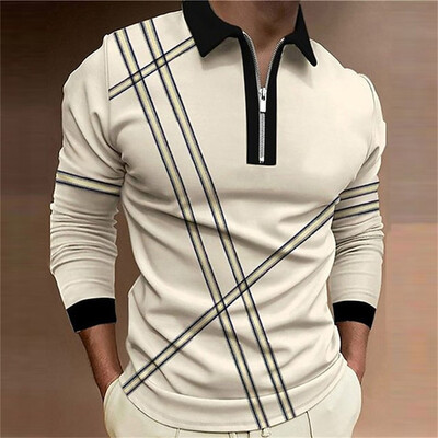 ПОЛО тениска с дълъг ръкав и цип Мъжка тениска с 3D печатни линии Класическа тениска Пролет Есен Бизнес Ежедневно Облекло за голф с големи ревери