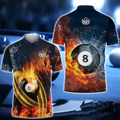 Tricou polo cu grafice pentru echipa de biliard Tricou pentru jucător de snooker Negru 8 Tricou polo Cue Sports Club cu revere cu mânecă scurtă Polo 3d pentru bărbați